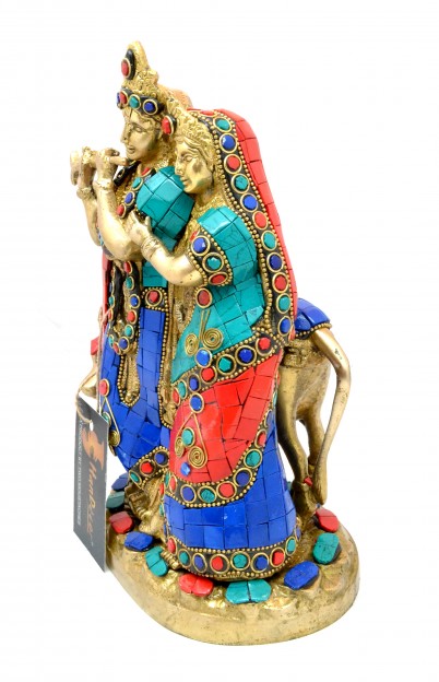 Radha Krishna with Cow Gemstone Brass Showpiece
