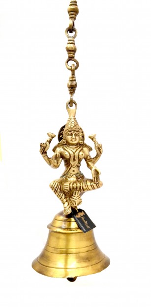 Vintage Brass Temple Bell with Laxmi On Chain