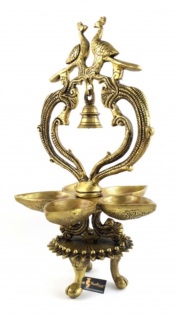 Ethnic Carved Peacock Over Brass Five Diyas