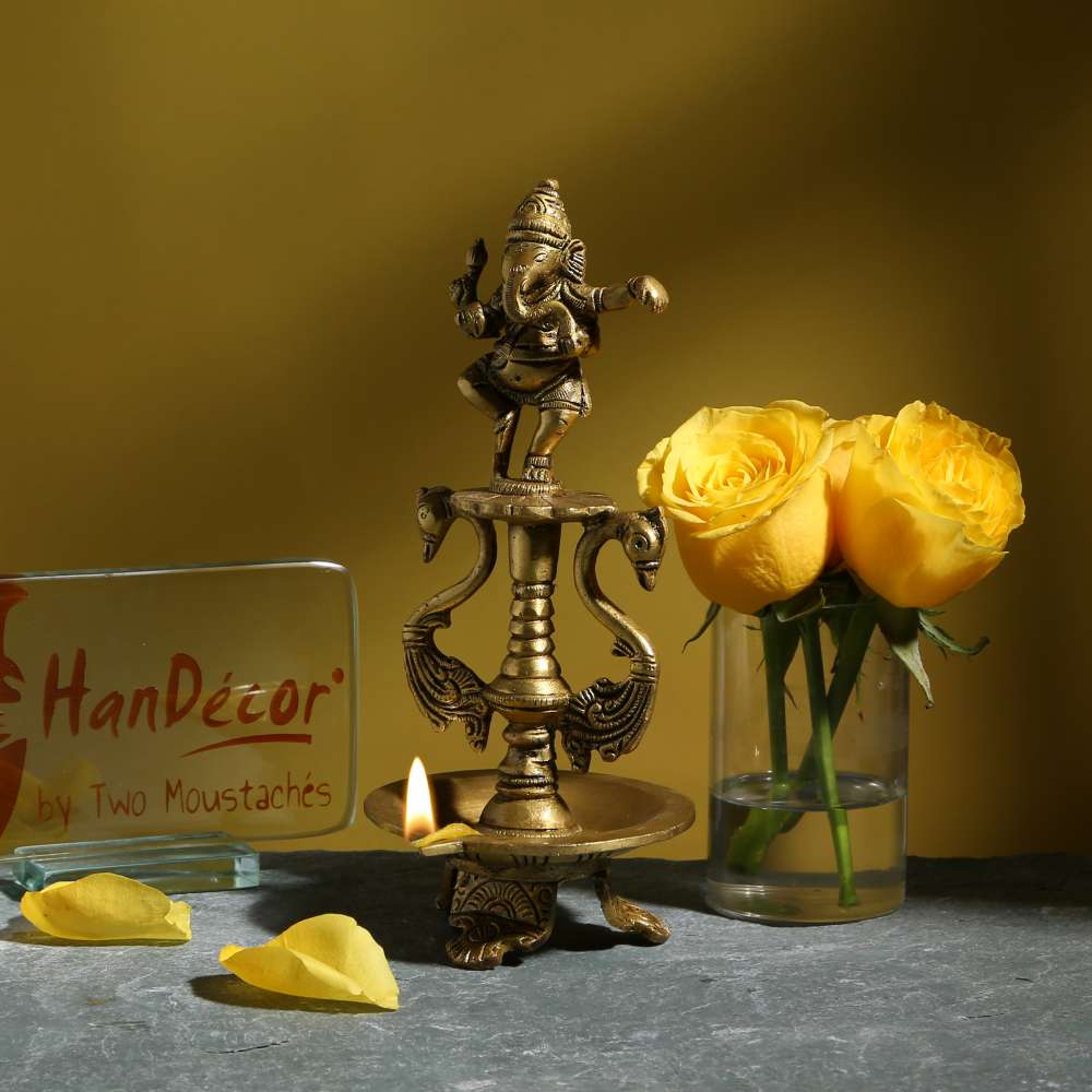 Brass Dancing Ganesha Oil Diya with Base
