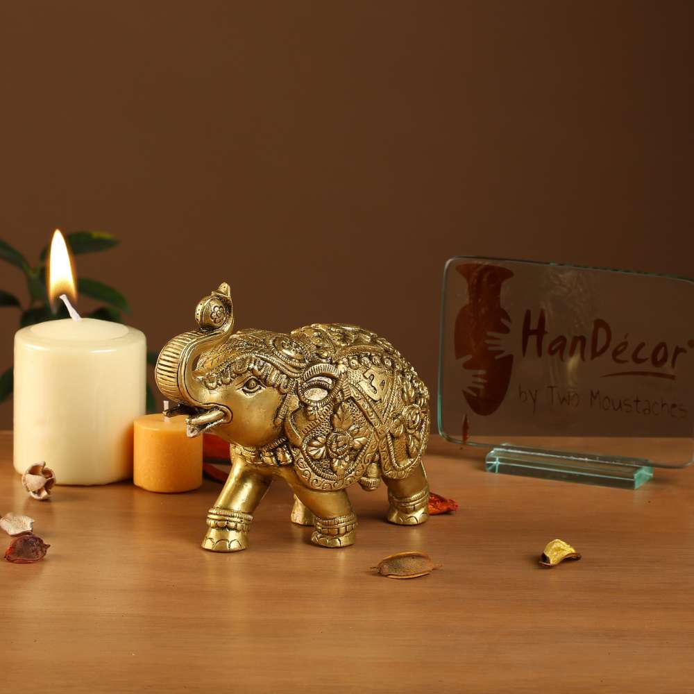Brass Elephant with Carving Showpiece 7 Inches