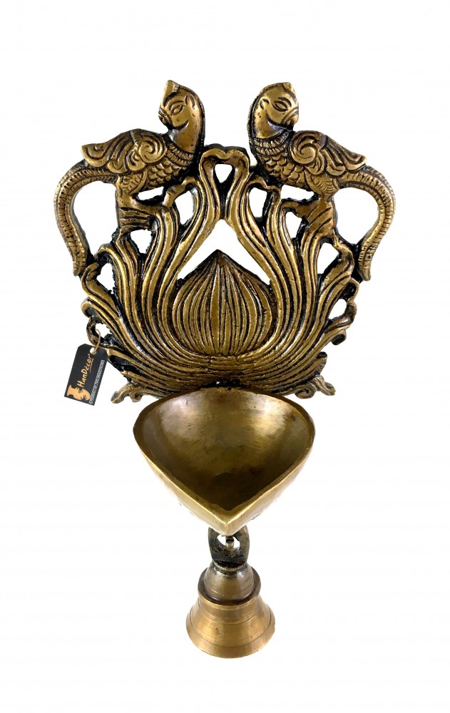 Two Moustaches Ethnic Design Twin Peacock with Bell Brass Wall Hanging Diya- Royal Brown