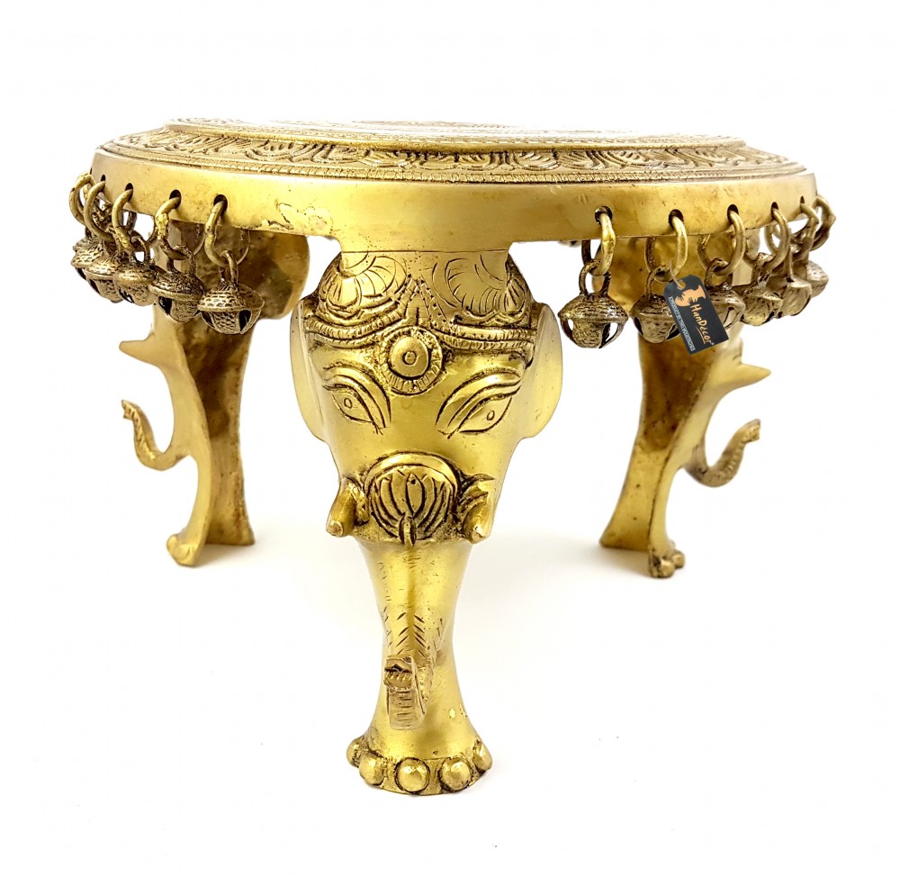 Chowki with Elephant Pillars and Bells - Antique Yellow