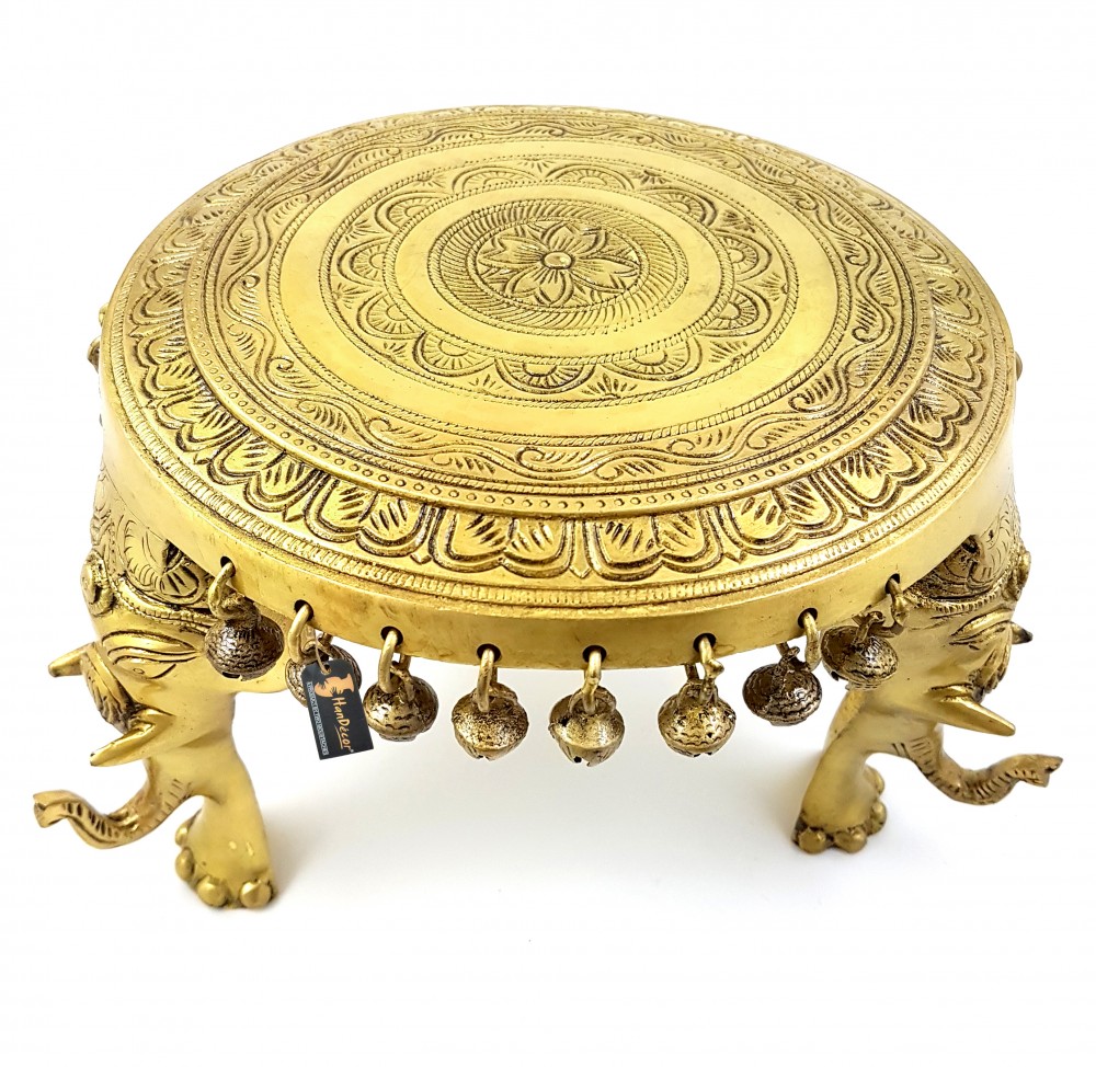 Chowki with Elephant Pillars and Bells - Antique Yellow