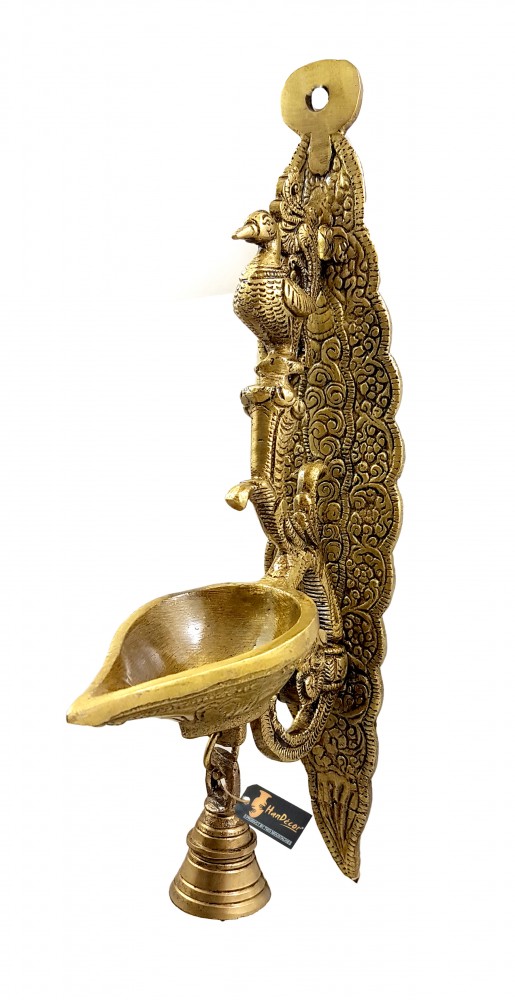 Peacock on Ethnic Carved Design Brass Hanging Diya