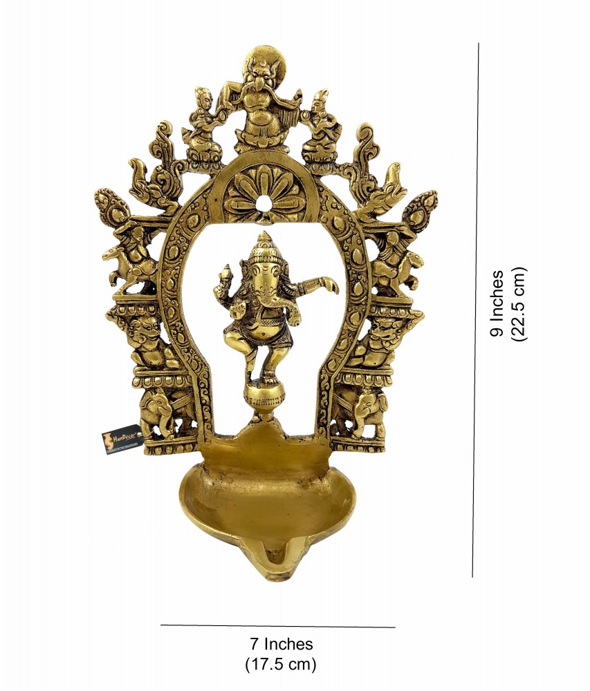 Ethnic Indian Carving Brass Dancing Ganesha Diya with Prabhavali Frame