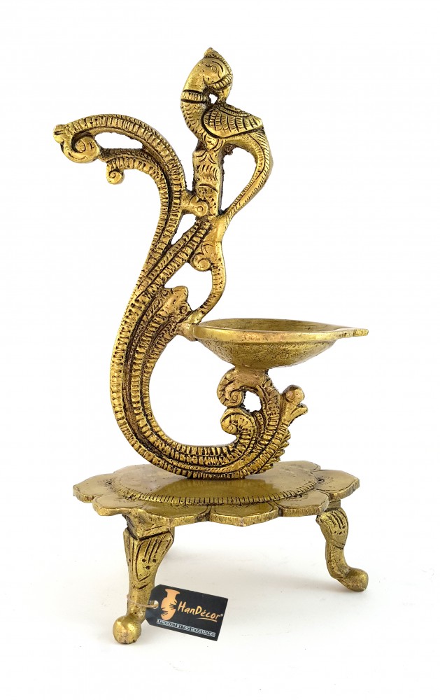 Curved Peacock Design Brass Diya - Antique Yellow
