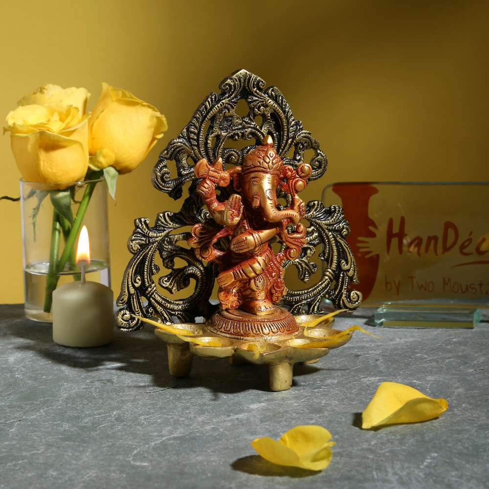 Dancing Ganesha Carving Diya Stand- Antique Brown