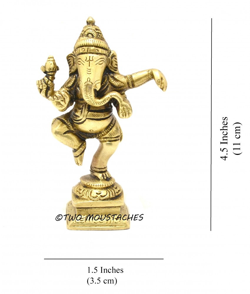 Two Moustaches Brass Dancing Ganesha Idol Antique Yellow | Home Decor |