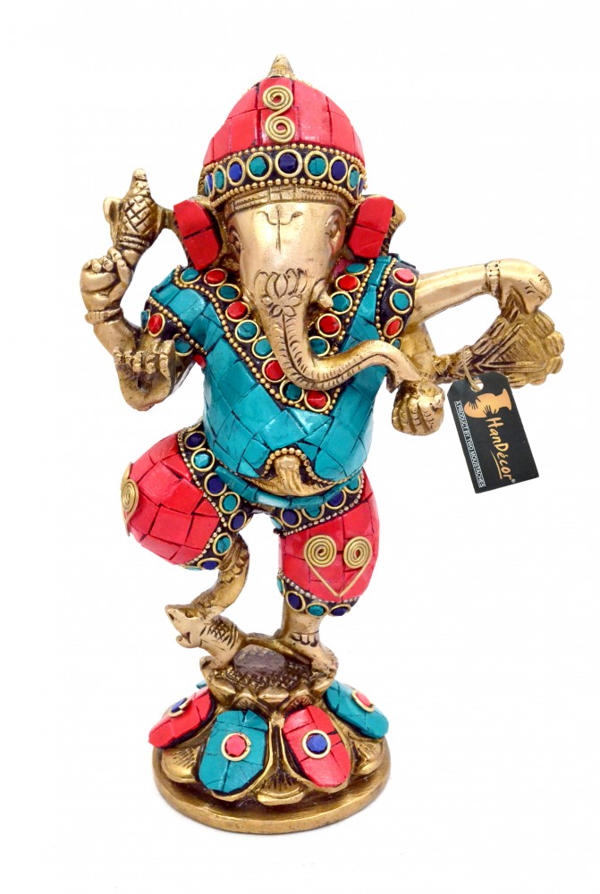 Brass Dancing Ganesha Gemstone Showpiece