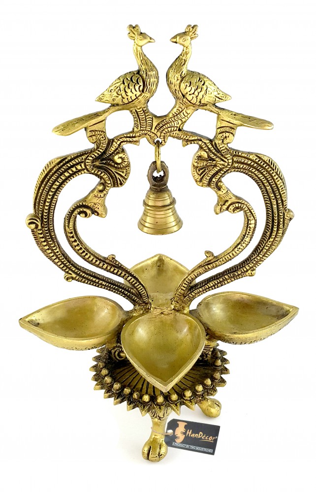 Ethnic Carved Peacock Over Brass Four Diyas
