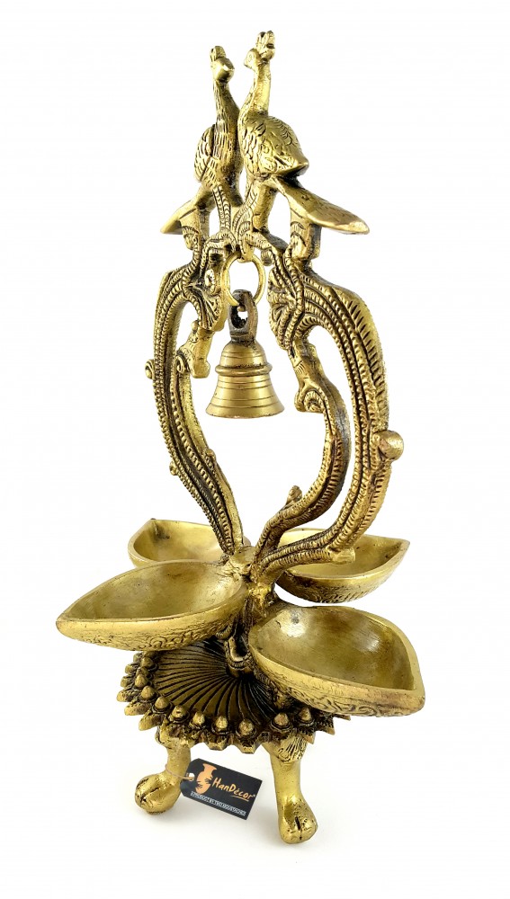 Ethnic Carved Peacock Over Brass Four Diyas