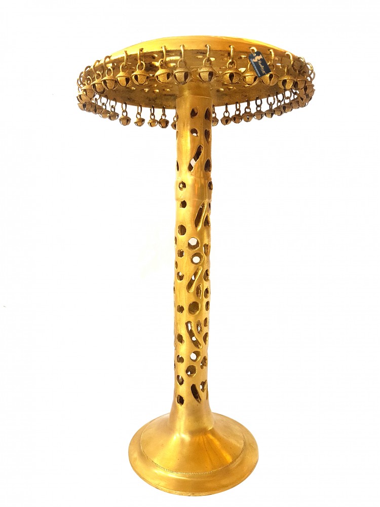 Ethnic Design Brass Decorative Round Corner Table with Hanging Bells Showpiece