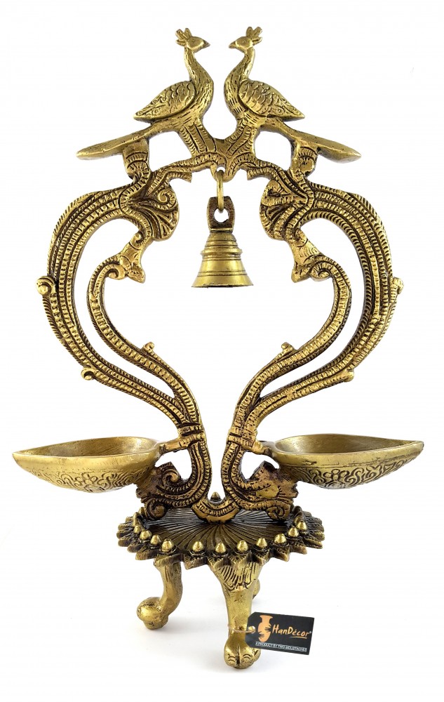 Ethnic Carved Peacock Over Brass Twin Diya