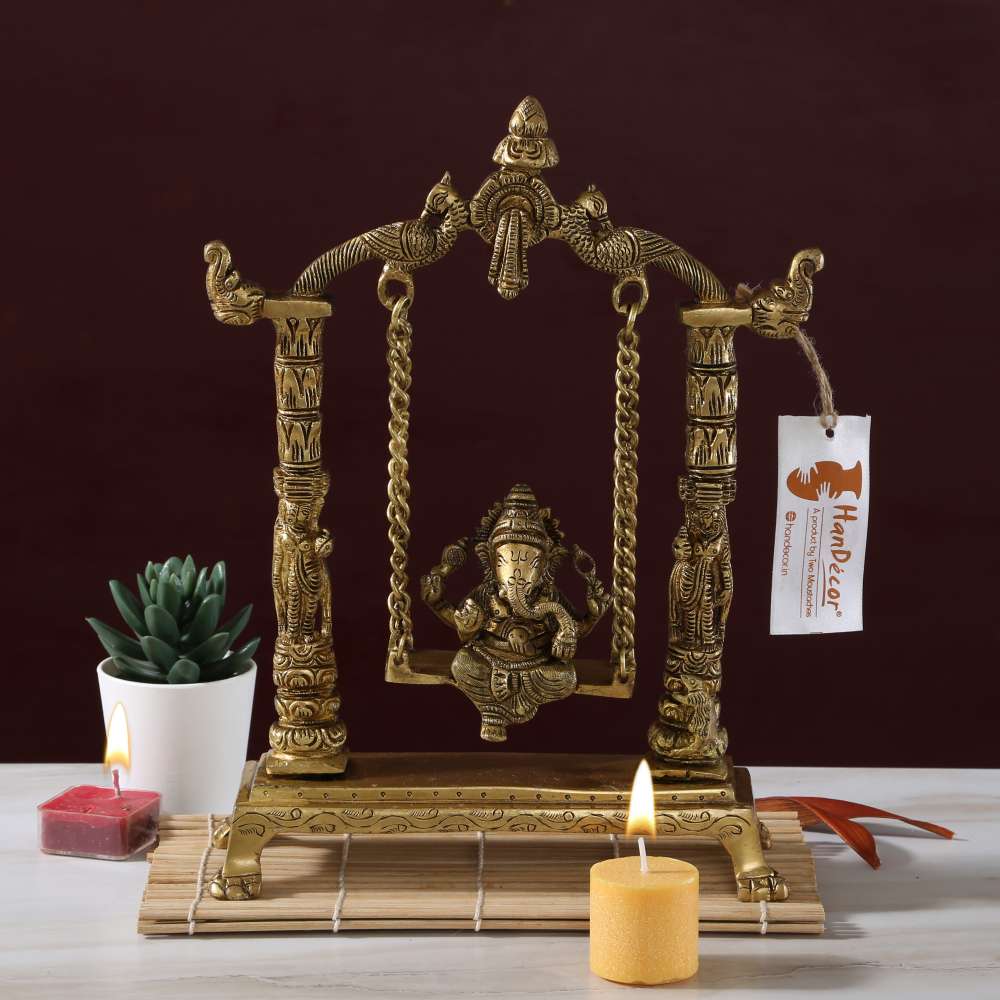 Handcrafted Ethnic Pillar Design Ganesha on Swing Jhoola Premium Brass Showpiece