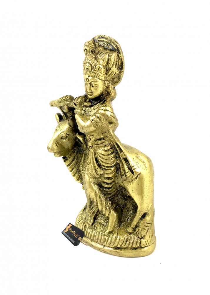 Flute Krishna with Cow Brass Statue