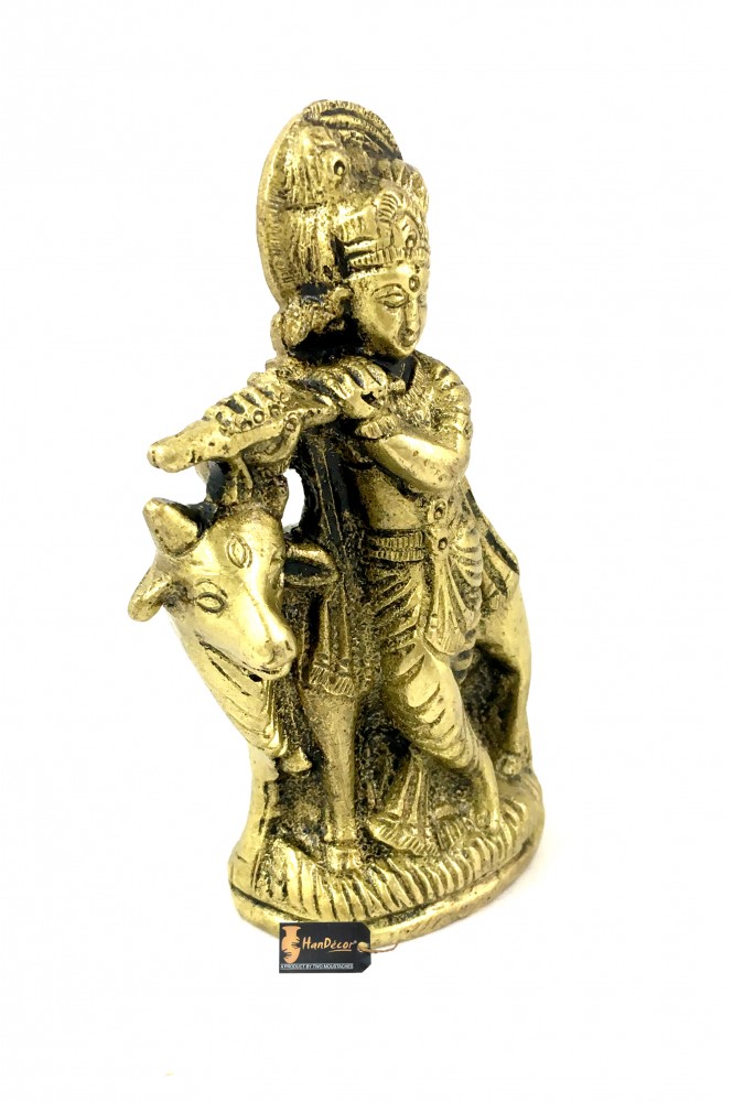 Flute Krishna with Cow Brass Statue