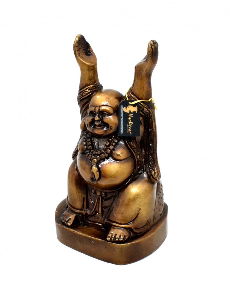 Laughing Buddha with Hands Raised Copper Brown Showpiece