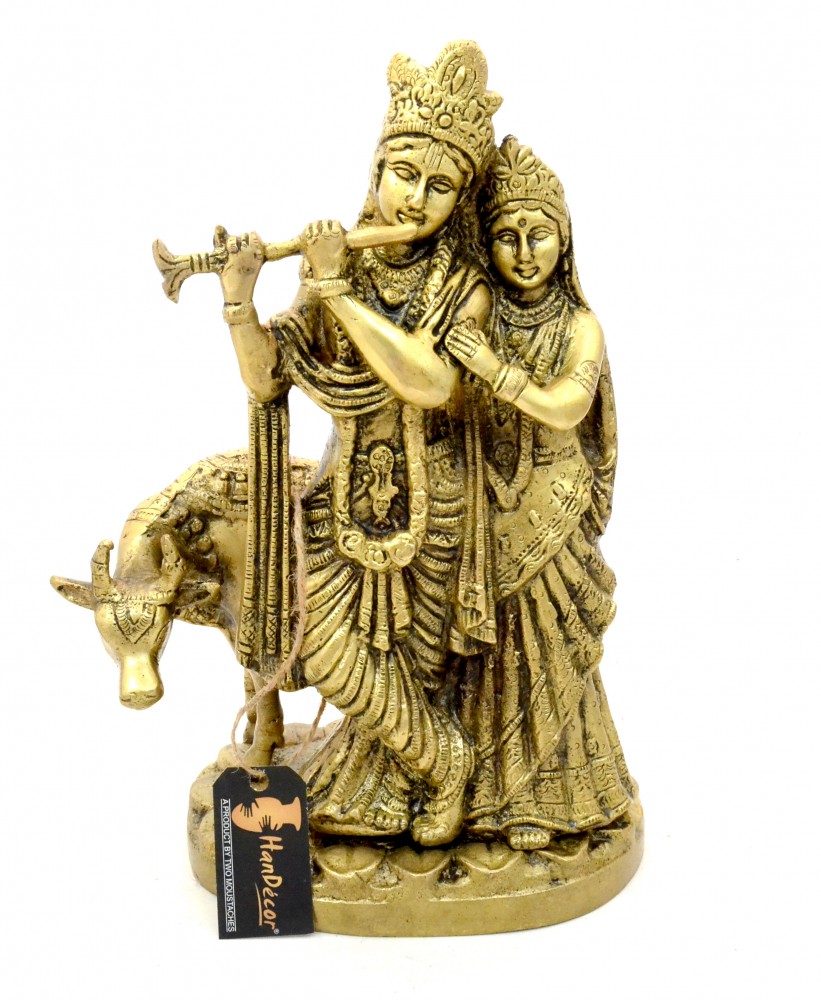 Brass Radha Krishna with Cow Statue