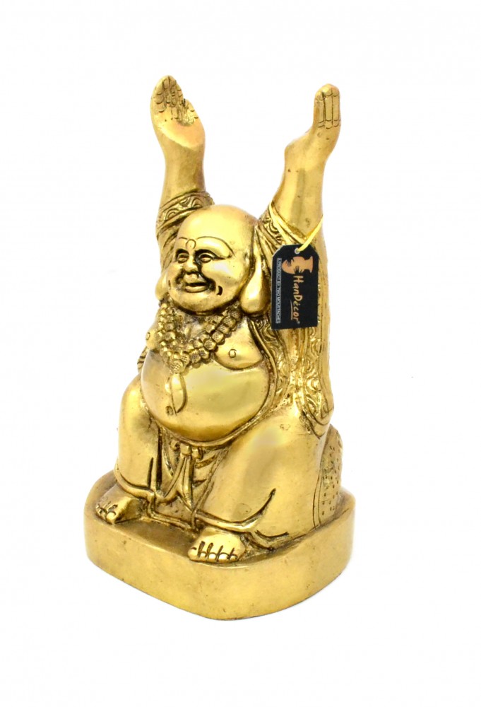 Laughing Buddha with Hands Raised Antique Yellow Showpiece