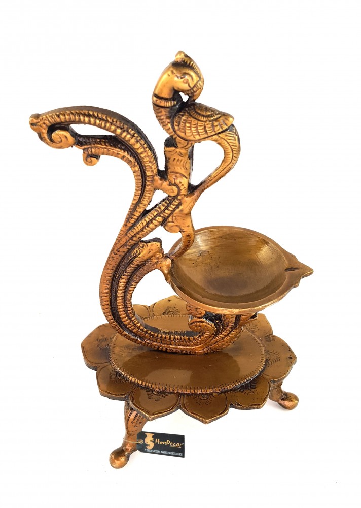 Curved Peacock Design Brass Diya