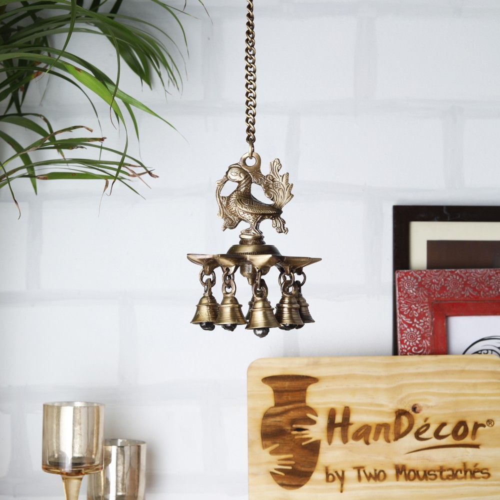 Two Moustaches Peacock Hanging Brass Diya with Bells