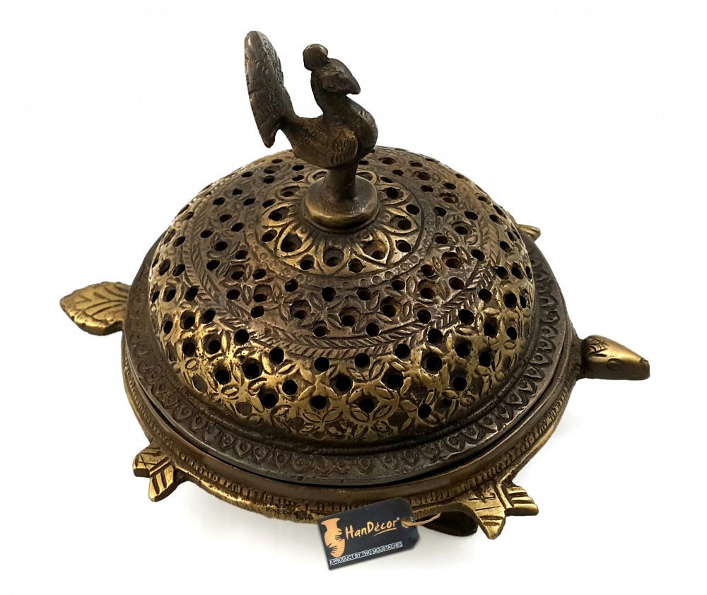 Buy Handcrafted Brass Peacock Incense Burner On a 3 Legged Tortoise