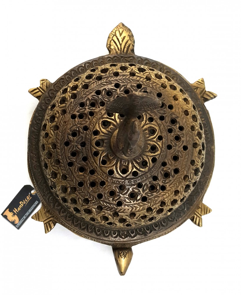 Handcrafted Brass Peacock Incense Burner On a 3 Legged Tortoise Stand - Royal Brown