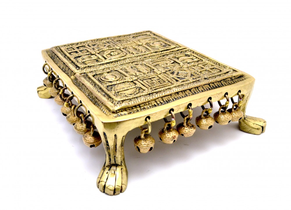 Brass Swastika Engraved 7 Inches Chowki with Bells