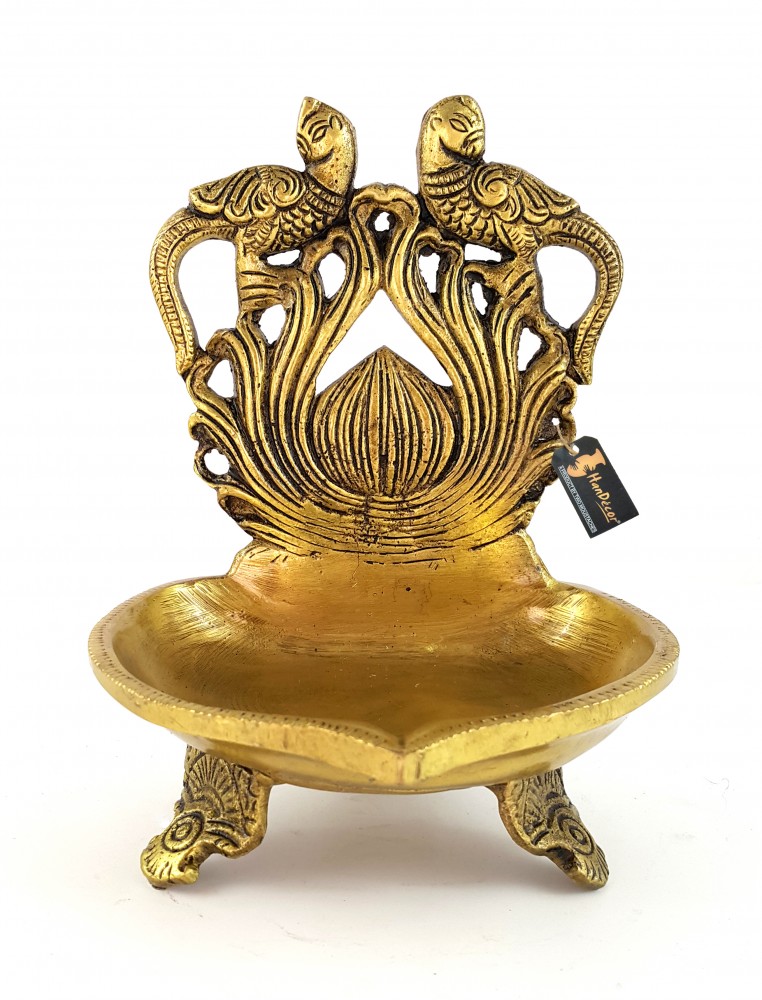 Brass Twin Peacock Over Carving Table Diya - Antique Yellow