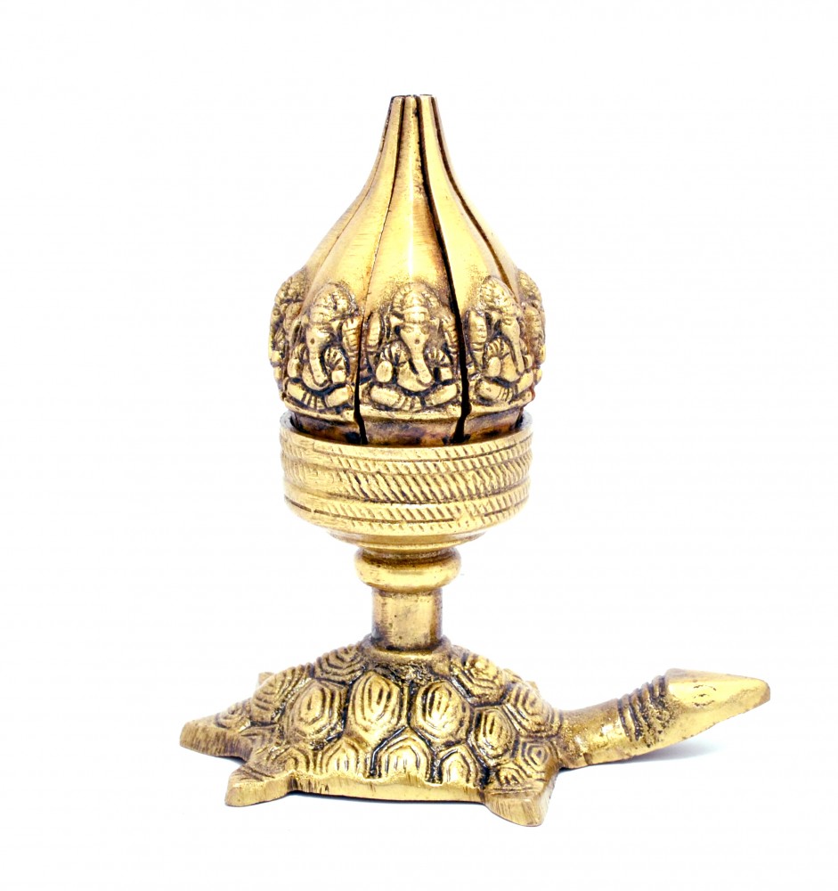 Lotus Engraved Ganesha Over Tortoise Candle Brass Oil Lamp Diya