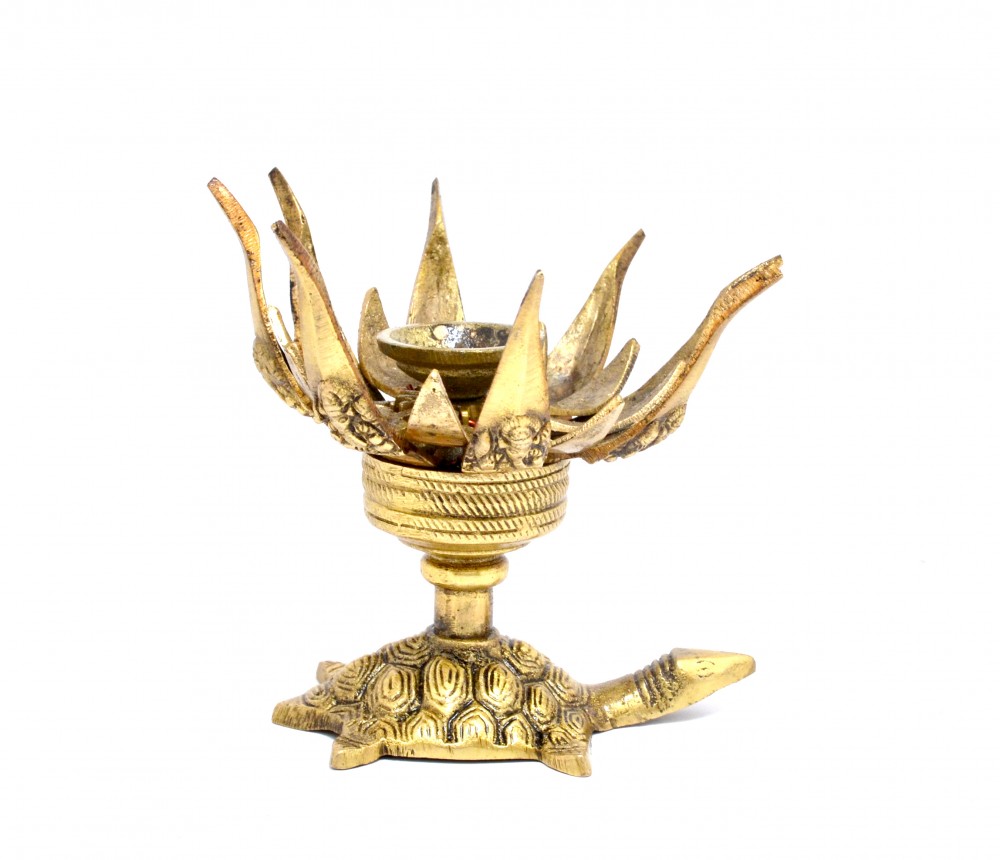 Lotus Engraved Ganesha Over Tortoise Candle Brass Oil Lamp Diya