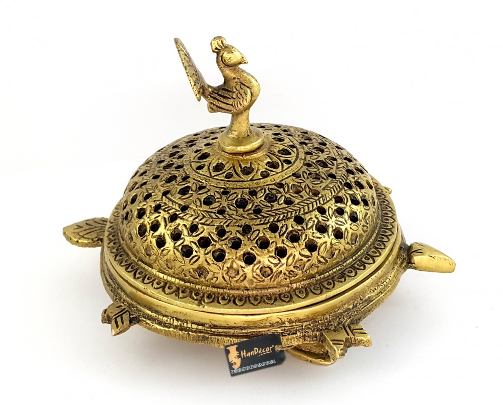 Handcrafted Brass Peacock Incense Burner On a 3 Legged Tortoise Stand