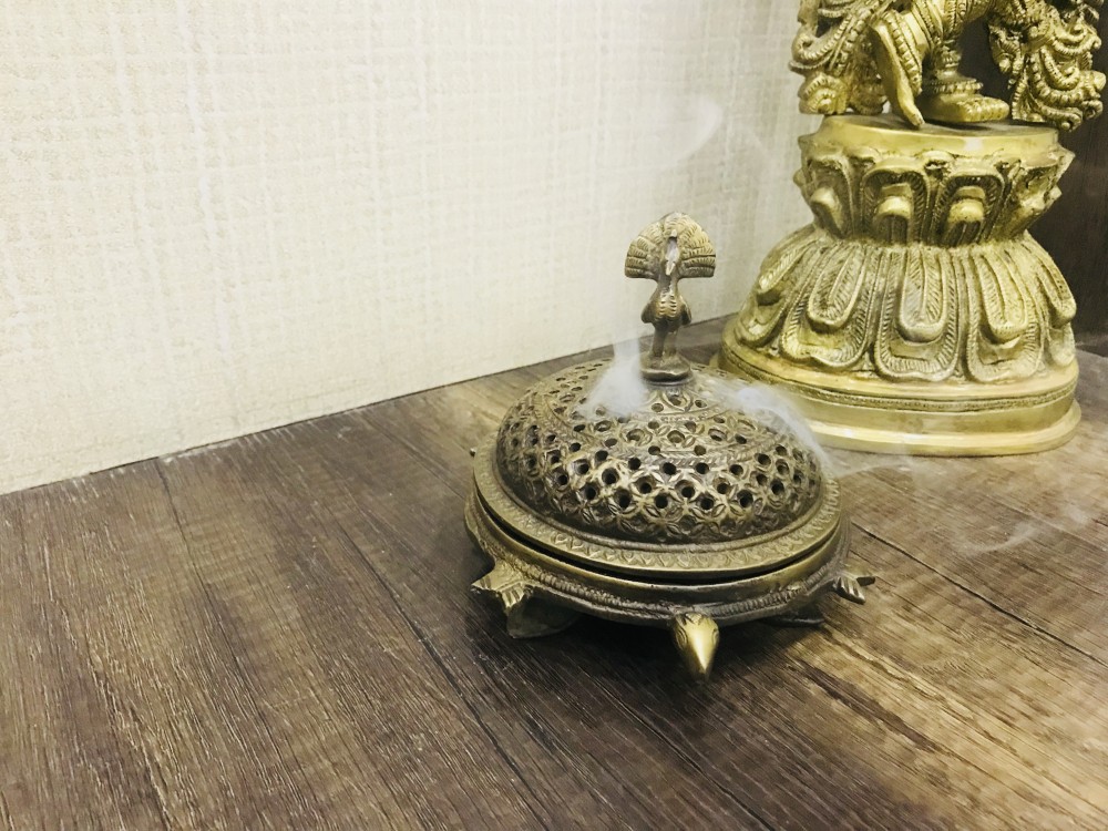 Handcrafted Brass Peacock Incense Burner On a 3 Legged Tortoise Stand