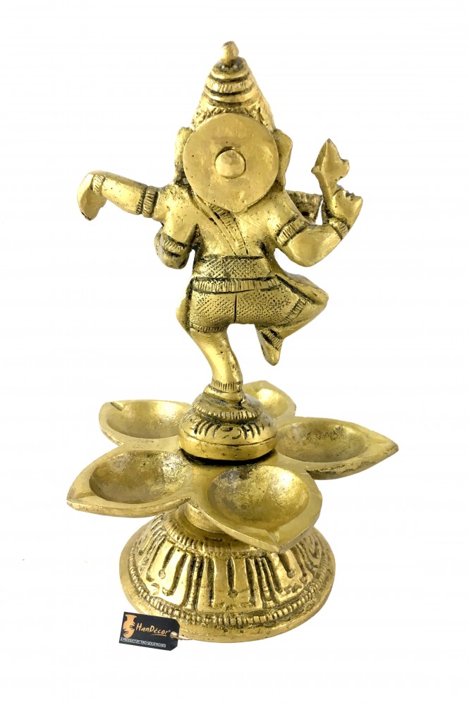 Ganesha Design Five Oil Wick Brass Diya