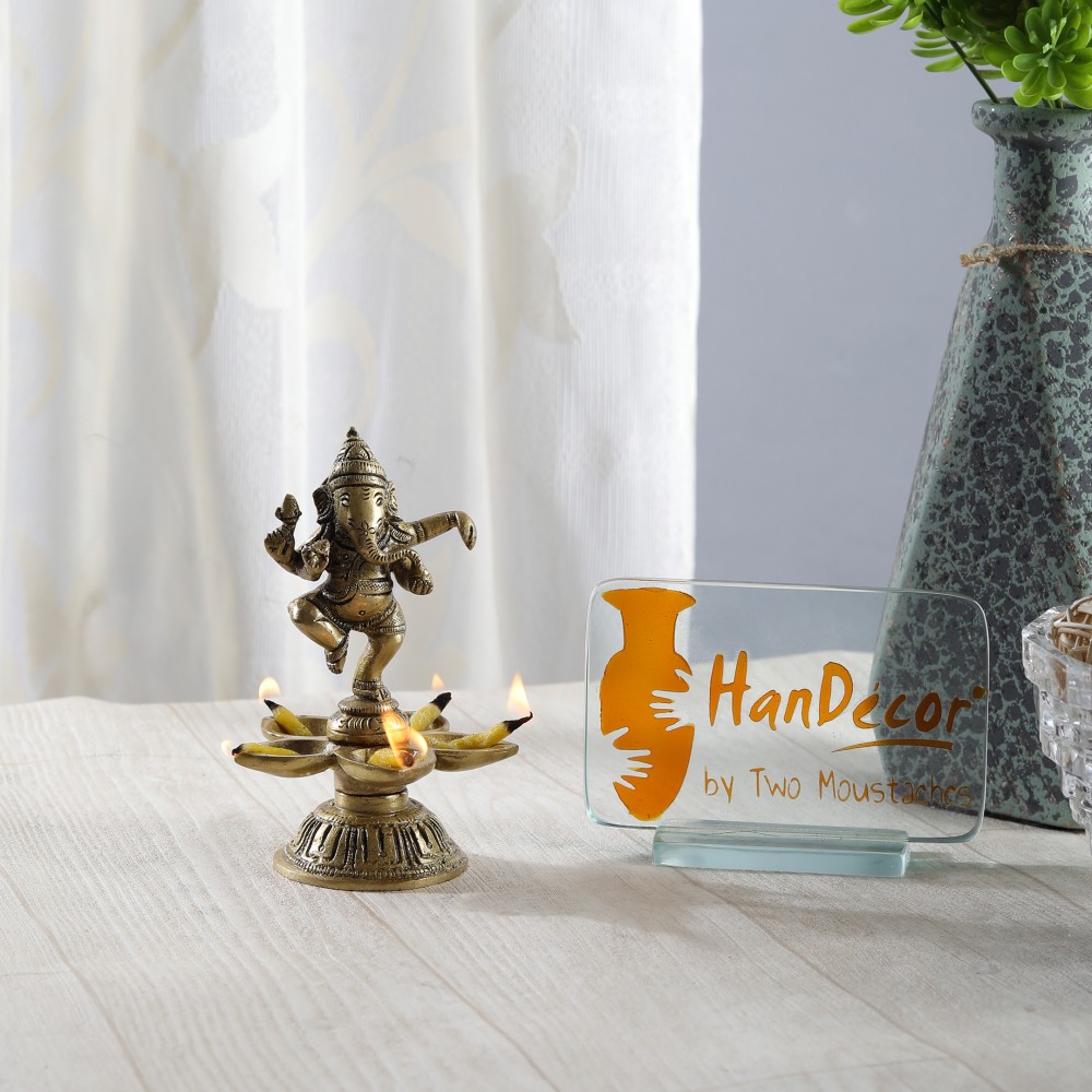 Ganesha Design Five Oil Wick Brass Diya