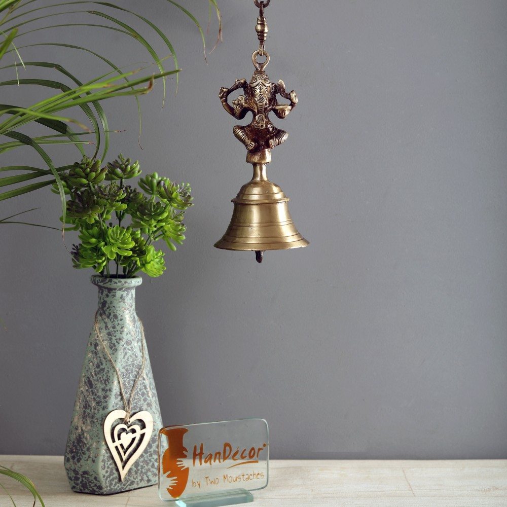 Vintage Brass Temple Bell With Ganesha On Chain