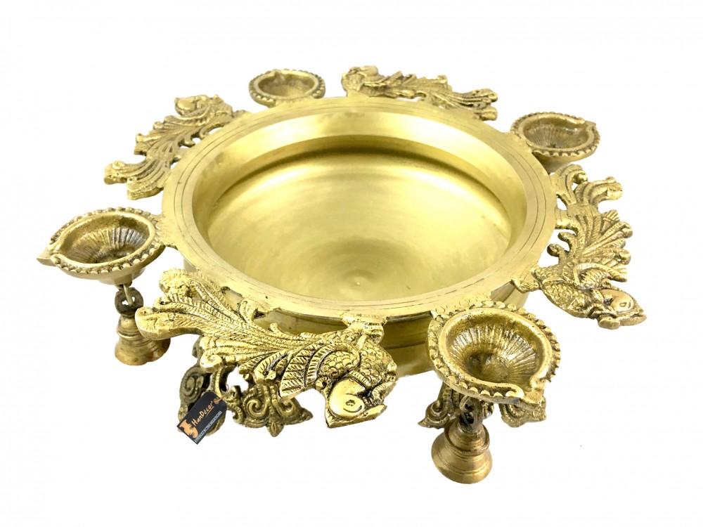 Peacock Design Brass Urli with Four Diyas