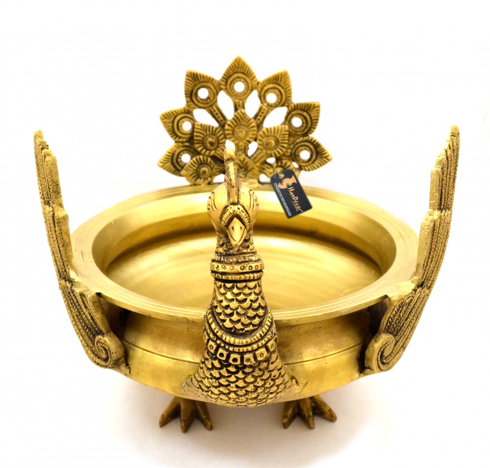 Ethnic Winged Peacock Design Brass Urli