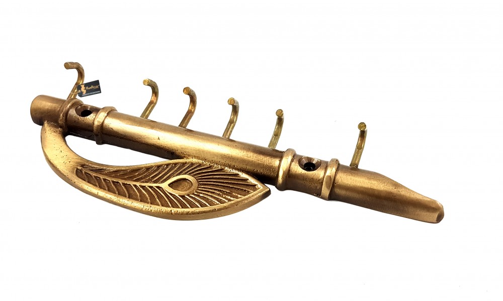 Lord Krishna's Flute and Peacock Quills Brass Key Holder with 6 Hooks
