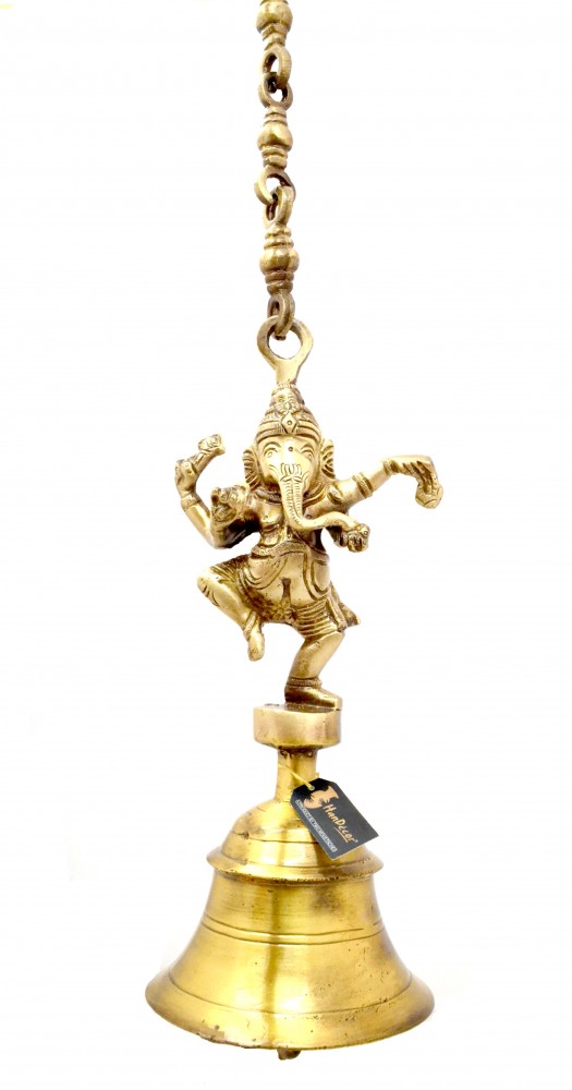 Vintage Brass Temple Bell With Dancing Ganesha On Chain