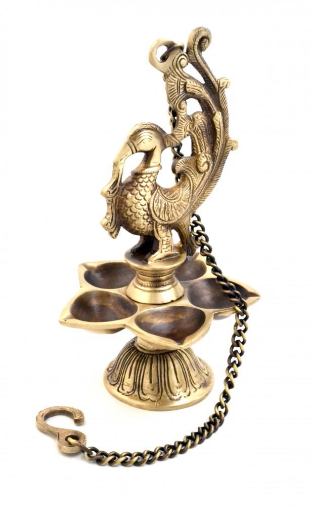 Peacock Design Five Wick Brass Oil Lamp Hanging Diya