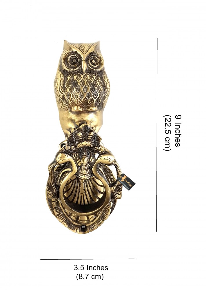 Owl Over Twin Peacock Ring Brass Door Knocker