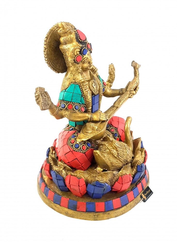Gemstone Goddess Saraswati Brass Idol Statue
