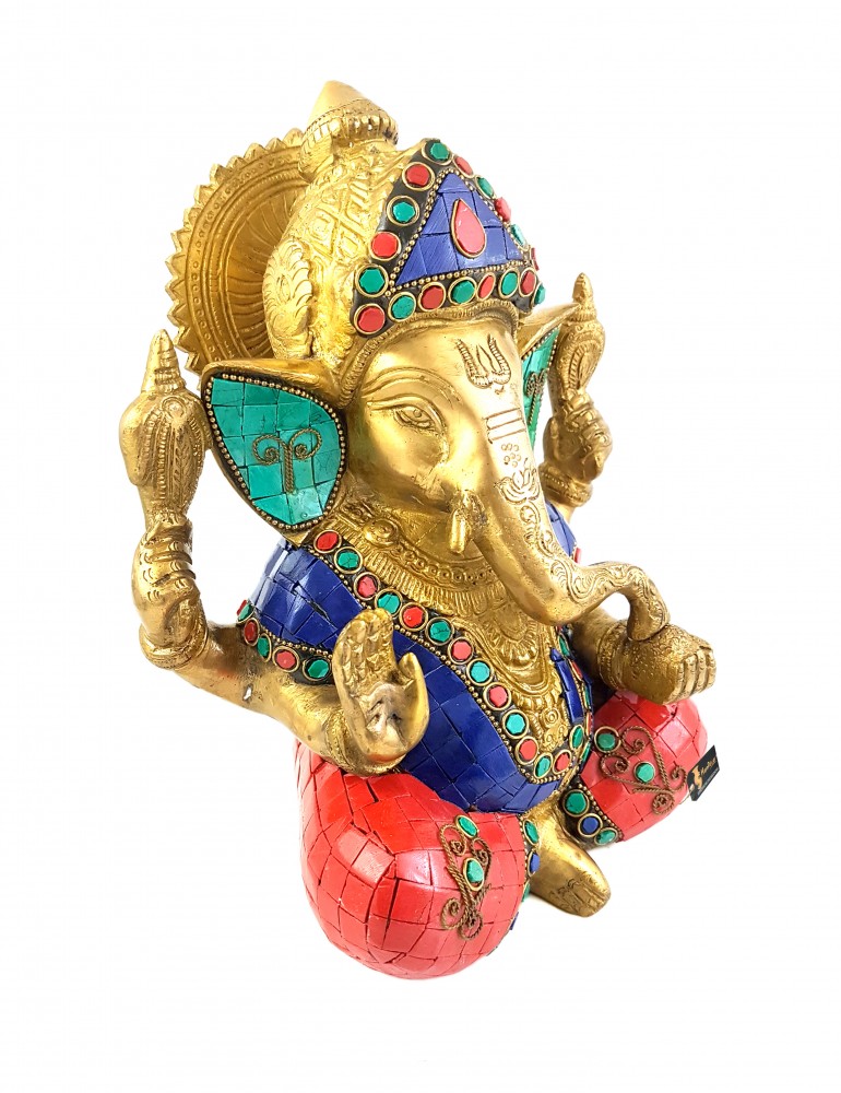 Gemstone Chaturbhuja Ganesha Brass Statue