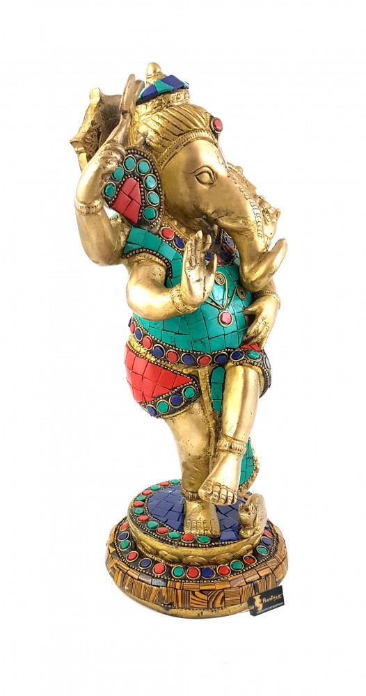 Brass Dancing Ganesha 12 Inches Gemstone Statue