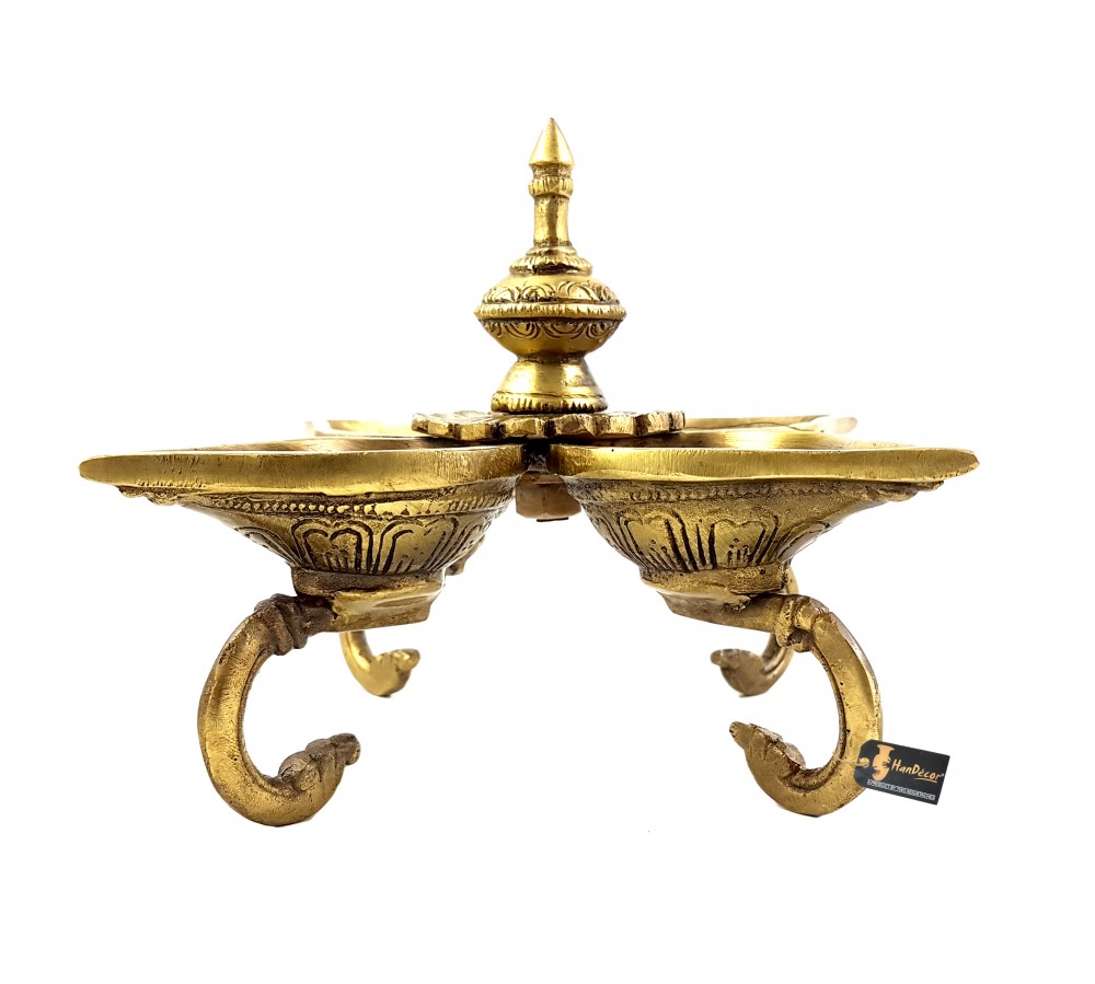 Ethnic Indian Design Brass Four Diyas on Curved Stand