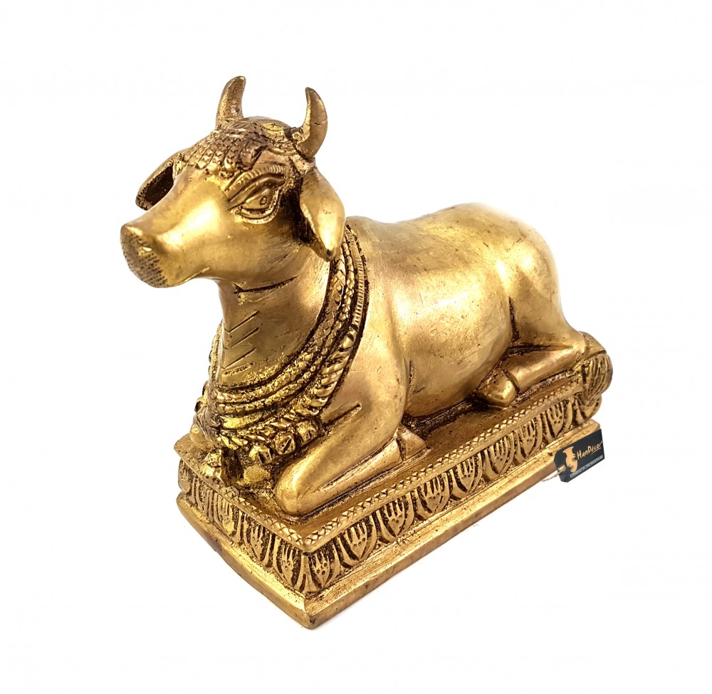 Handcrafted Brass Nandi Statue Over Base