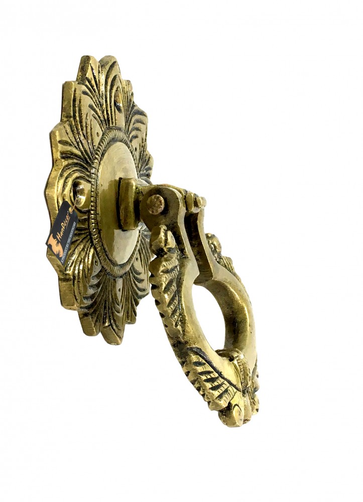 Ethnic Carving Peacock Over Ring Brass Door Knocker