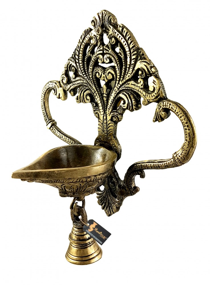 Ethnic Carved Hanging Diya with Bell - Antique White